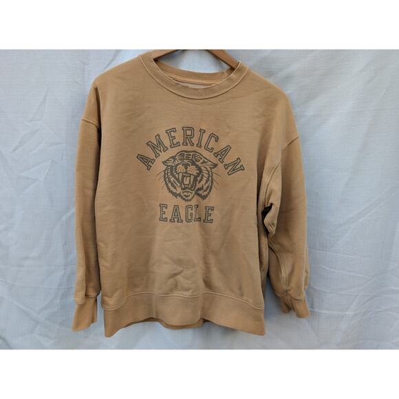 American Eagle Womens Light Mustard Yellow Logo Tiger Crewneck Sweatshirt Sz M - Picture 1 of 7